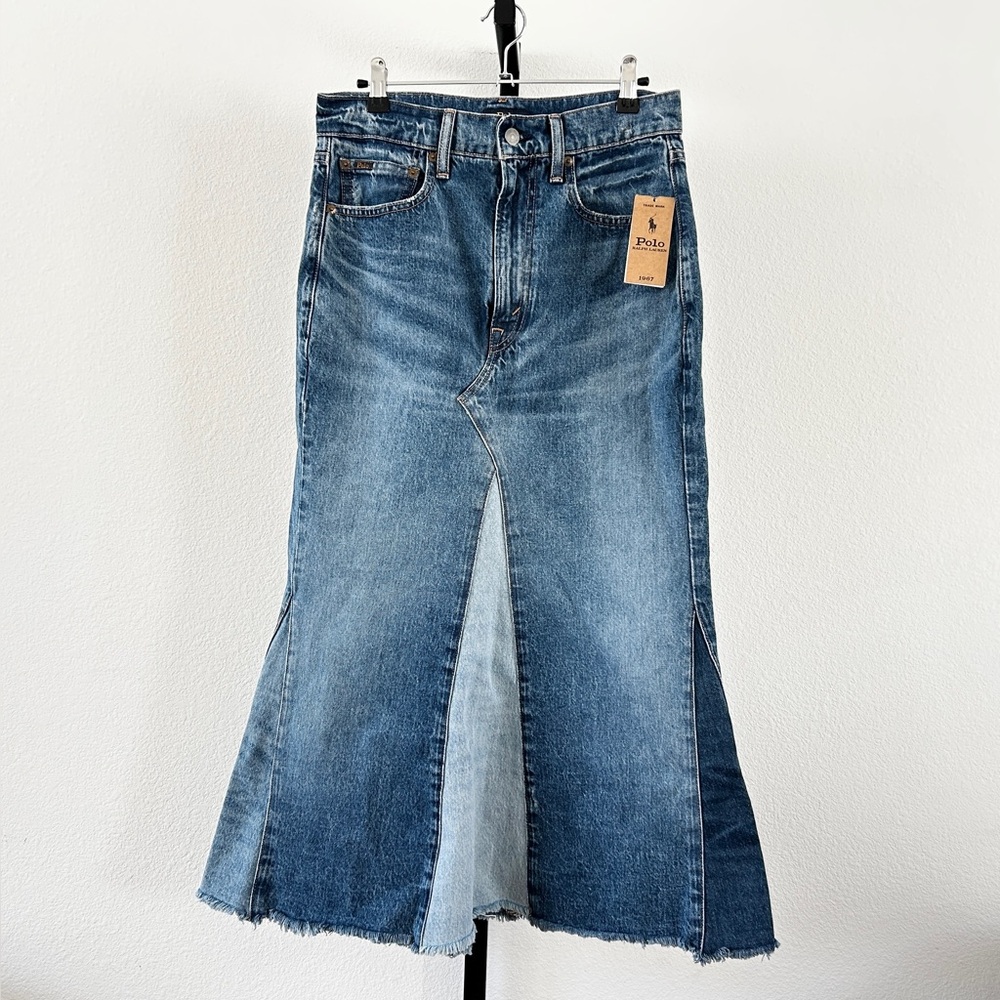 POLO RALPH LAUREN Frayed paneled denim midi skirt, Size 26, New with Tag